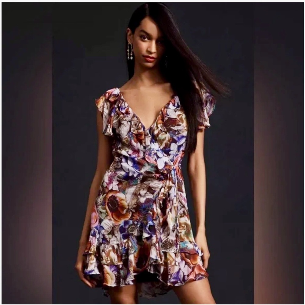 Anthropologie Maeve Floral Ruffle Wrap Dress SP Petite Boho